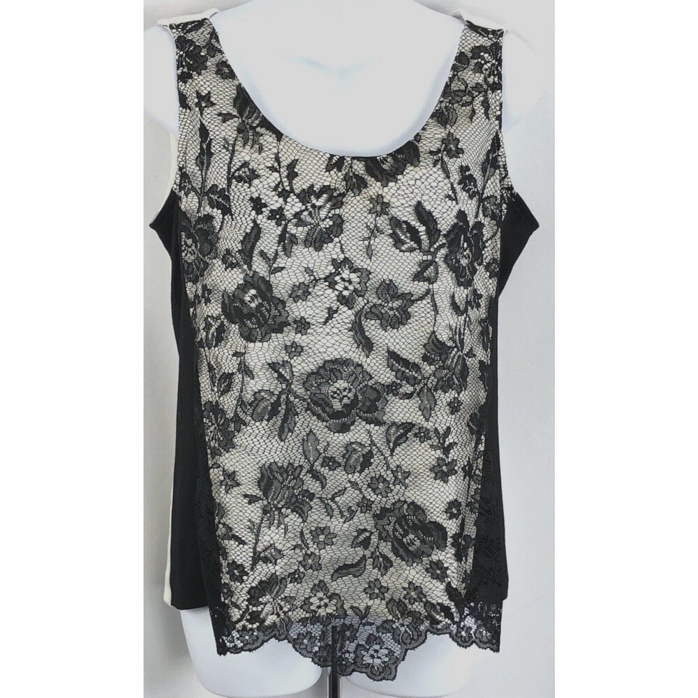 Worthington Cami Tank Top M Blk/Ivory Floral Lace Layered Scallop hem WhimsiGoth